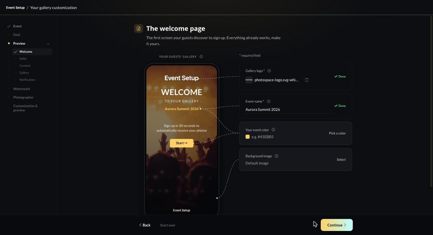 Event Setup — Welcome step