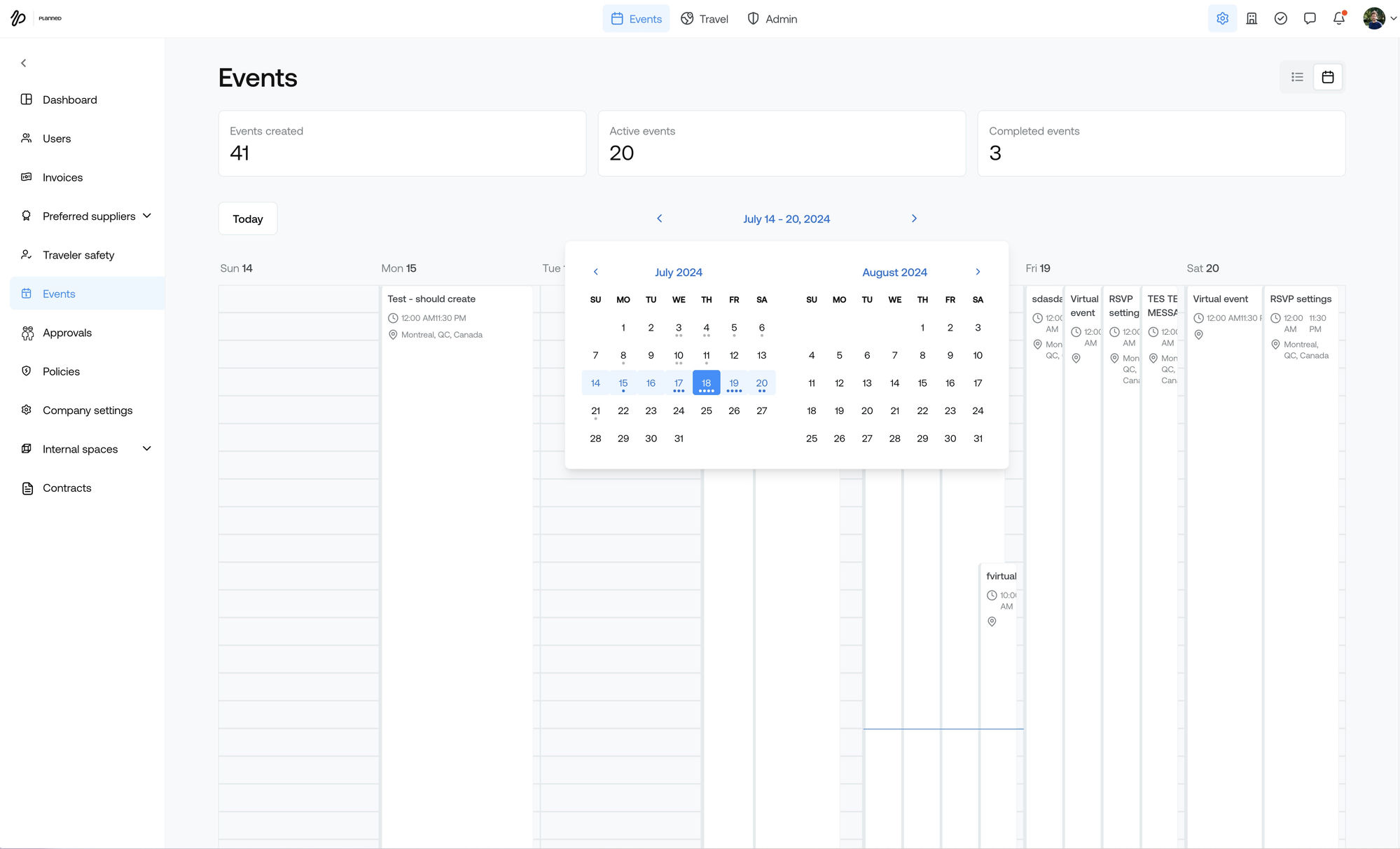 Planned events calendar — Date range picker