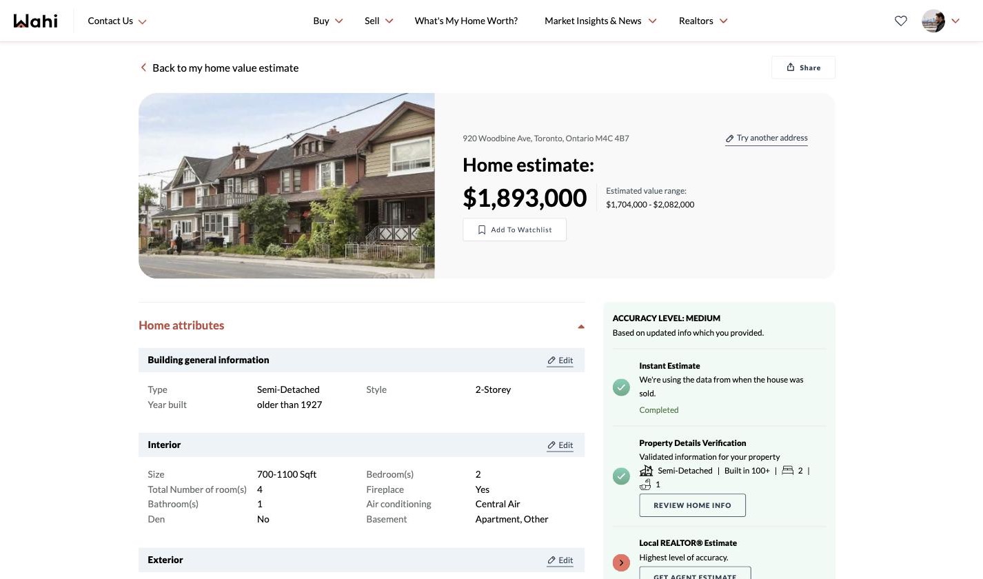 Wahi home estimation — Estimate result